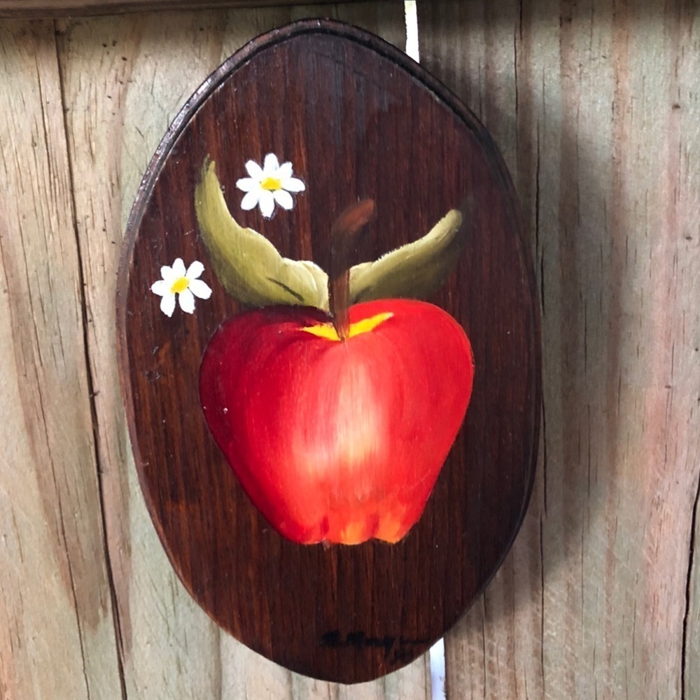 Vintage Hand Painted Wood Wall Hanging Red Apple & White Flowers